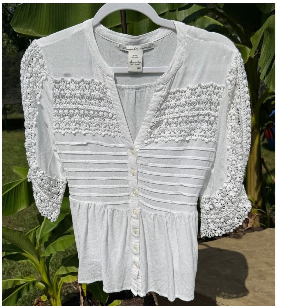 American Rag White Crochet Lace Pintuck Babydoll Blouse Peplum Top M